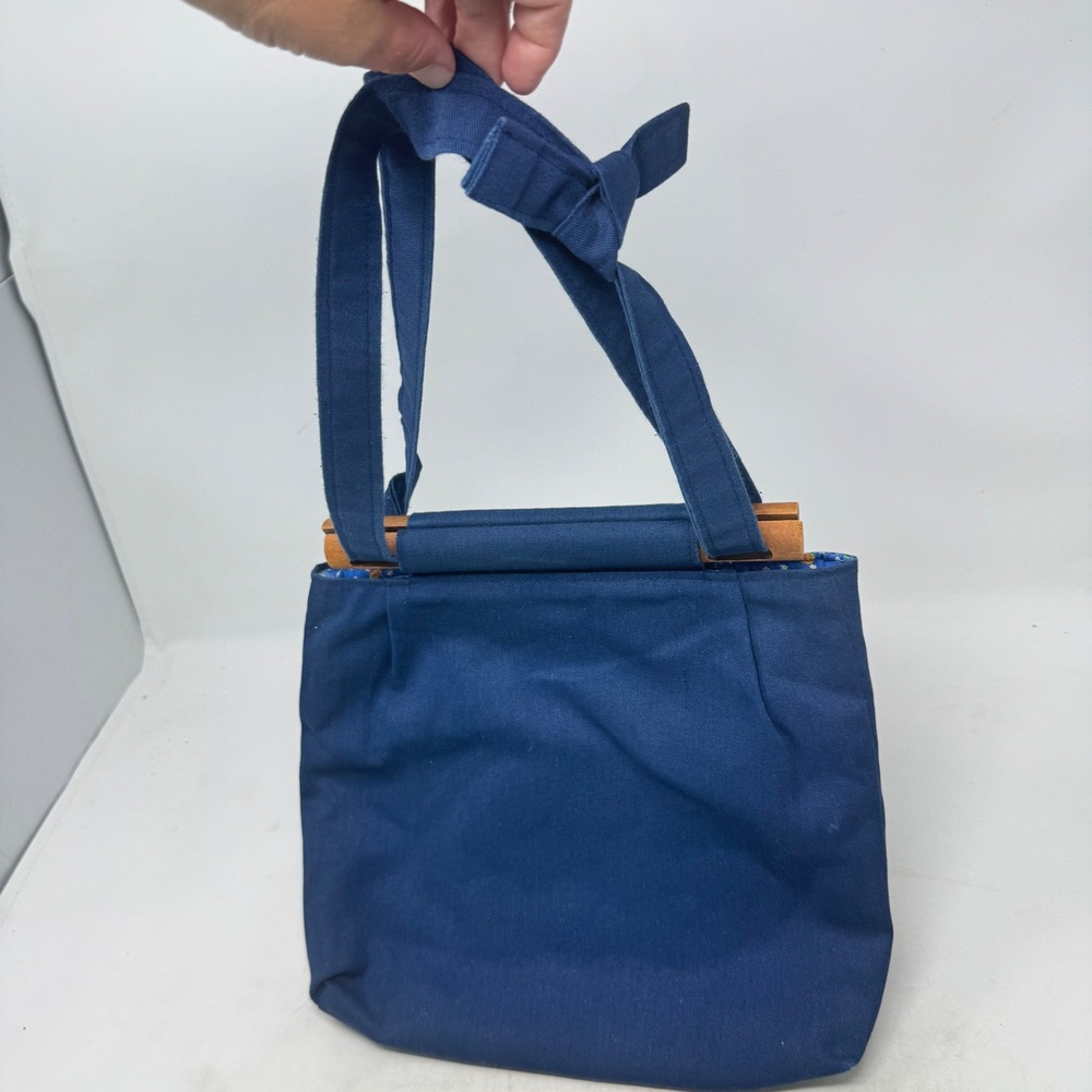 Unbranded Tote Bag Blue Denim Small Vintage Wooden Handle Canvas Floral Lining